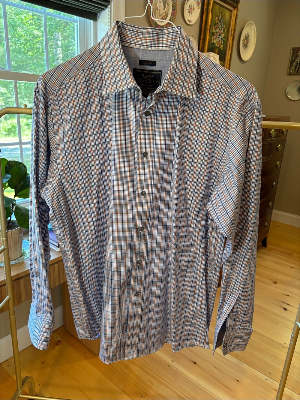 Jos. A. Bank Blue and Orange Checked Long-Sleeve Dress Shirt